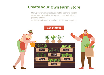 Template for the site. Man and woman take care of the planted botanical character design farmer gardener graphic design green growing harvest herbs illustration landing watering