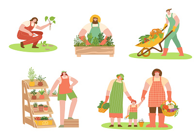 Set of fermers planting crops, gathering harvest, doing job botanical character collection design family farmer gardener graphic design green harvest horticulture illustration local