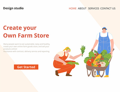 Landing page for web а couple of farmers botanical character design farmer gardener graphic design green harvest illustration landing layout template website