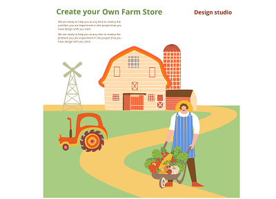 Landing page small a man stands with a cart of vegetables botanical character farmer field fresg gardener graphic design green harvest illustration landing layout local natural organic rural season template vegetable