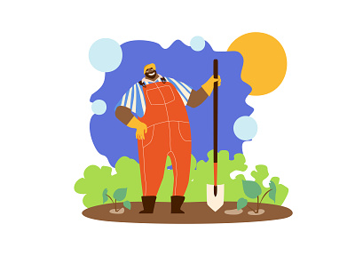 African american handyman working in garden. african american agriculture botanical character dig up digger excavating farmer gardener glove graphic design green horticulture illustration land overall pit shovel uniform