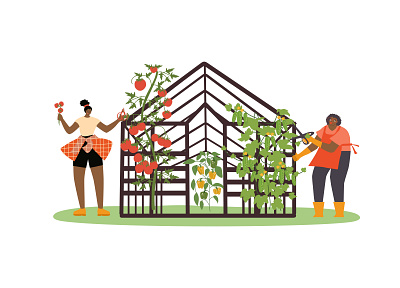 African american woman and girl collecting tomatoes and cucumber african american agronomist black botanical character cultivation farmer gardener gardening scissors graphic design green growing harvesting illustration tending tomatoes