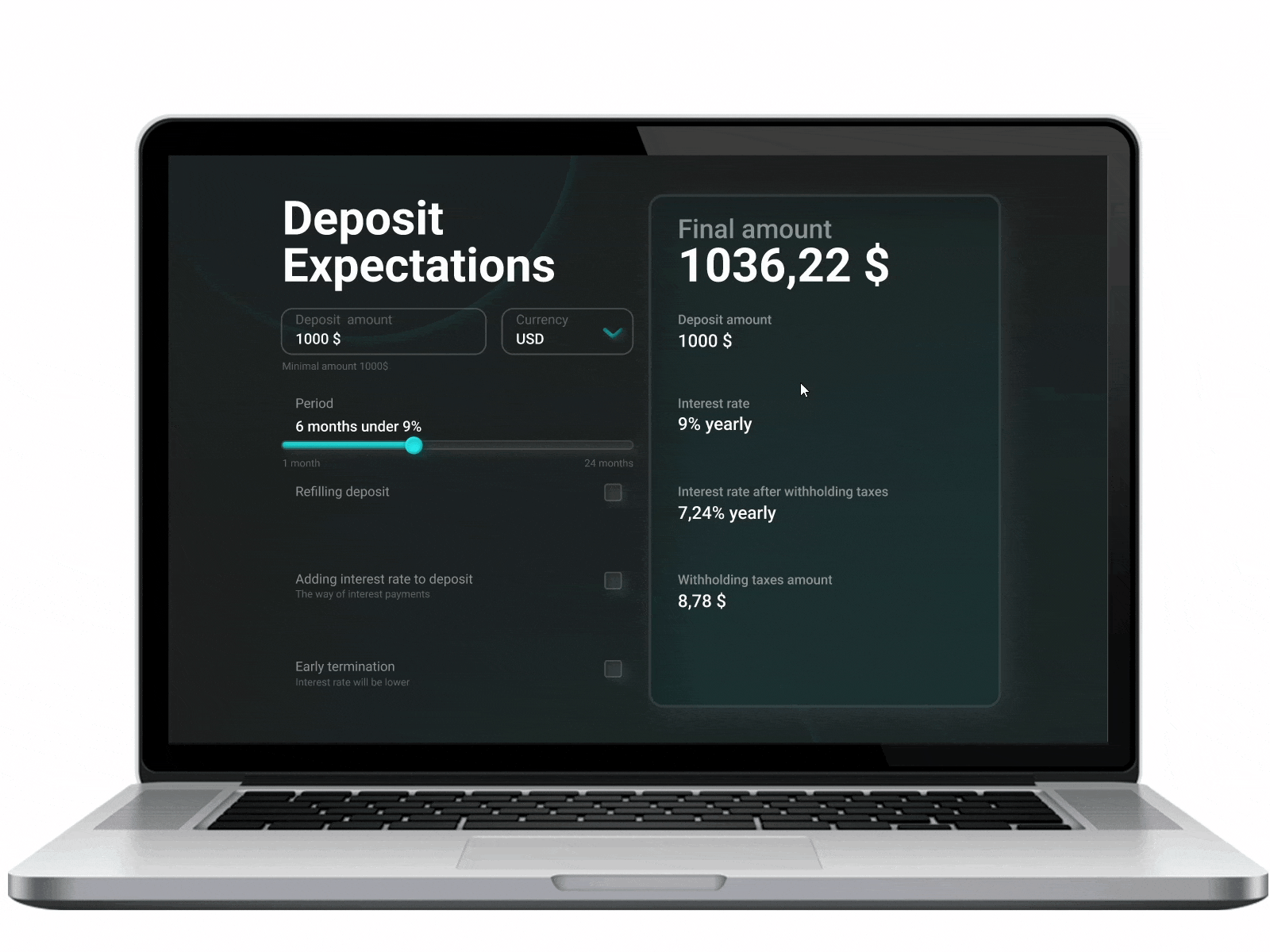 DailyUI 004 - Calculator animated gif animation calculator concept dailyui dailyui004 dailyuichallenge dark design dark theme deposit calculator figma gif motion neomorphism prototype skeuomorphism ui ui design uiux