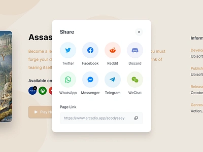 Game Share Modal w/ Color 🌈 app arcadio clean clean ui discord facebook games gaming link messenger modal reddit share social telegram twitter web wechat whatsapp