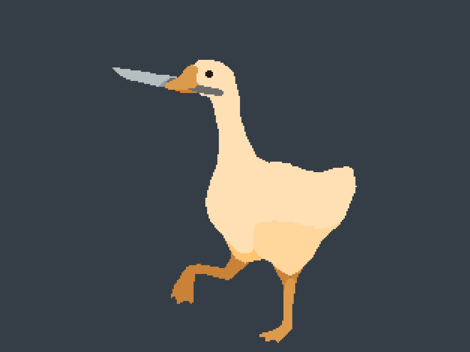 a gif from Untitled Goose Game where the goose is carrying a knive in its beak. 