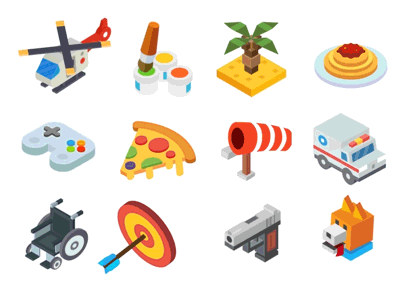 Isometric animation, icon pack 2d 3d animation beach dog flat gun helicopter icon isometric pizza stick