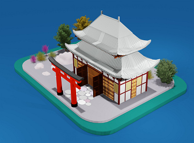 3D rendering of a Japanese temple and a Japanese tori gate concept