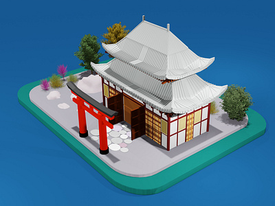 3D rendering of a Japanese temple and a Japanese tori gate