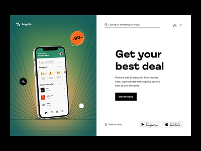 Anydis: discount search platform app application discount heropage mobileapp product productdesign productpage web website