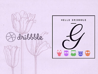 Hello Dribbble! birds calligraphy flower font hello invite owls purple tulips typography welcome
