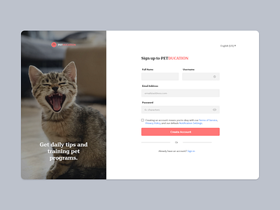 DailyUI 001 - Sign up Website design minimal pet care signup page simple clean interface ui ux web web design