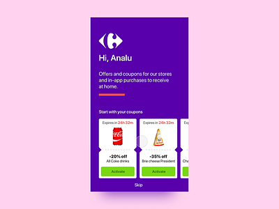 🚀 Carrefour | Coupons onboarding activate animation coupon design purple