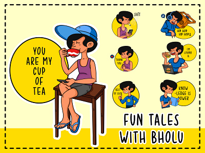 Fun Tales With Bholu Sticker Design boy cartoon cartoon sticker cute cartoon design funny illustration set stickers vector vector illustration