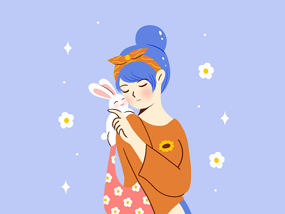 "Hey little fella..." blue hair design flower girl illustration illustrator photoshop rabbit visual art