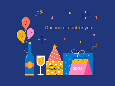 Happy New Year 2023 2023 balloon celebration champaign design gifts happy new year illustration illustrator new year party presents shape vector vector art visual art wine