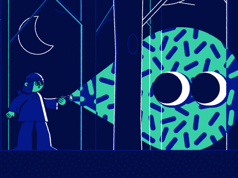 DASH rebrand - The Woods creepy dark eyes flashlight forest illustration loop night patterns scary torch woods