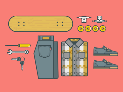 Josecito icon illustration jeans keys outfit plaid shirt shoe skate skateboard tools