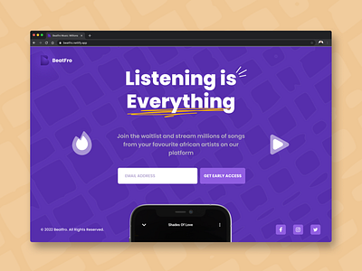 Beatfro waitlist UI app appdesign branding design musicapp streaming ui ux waitlist