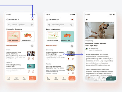 Blog feature for a pet caring app app mobile mockup pet ui ux