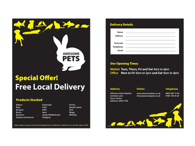 Awesome Pets flyer animal black flyer leaflet monochrome pet white yellow