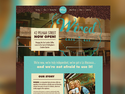 Wired Cafe Bar Website bar block brown cafe colour futura header lettering navigation turquoise website