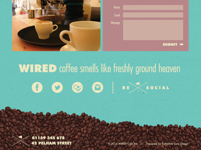 Wired Cafe Bar Footer bar block brown cafe colour footer futura lettering social media turquoise website