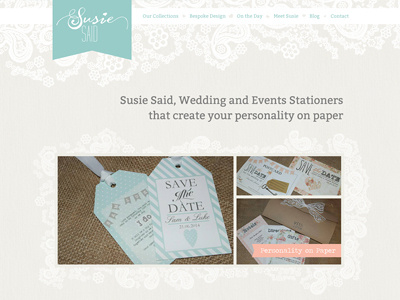 Susie Said Header detail grey header lace navigation stationers stationery turquoise vintage website wedding
