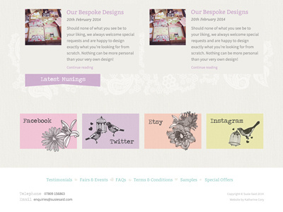 Susie Said Footer footer grey header icons lace navigation social media stationers stationery vintage website wedding