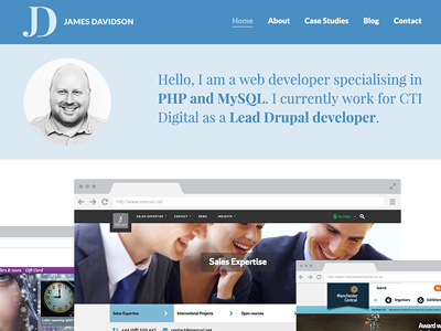 James Davidson Website v2 blue clean flat hero homepage lato monogram navigation playfair display website