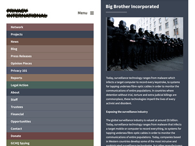 Privacy International Mobile colour homepage menu mobile navigation source sans pro tabs typography