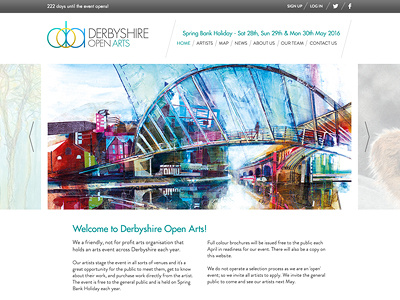 Derbyshire Open Arts Homepage artists brandon grotesque clean futura gradients hero masonry open studios paintings slideshow web design white