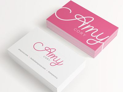 Amy Cory Business Cards business cards calligraphy clean grey handwriting logo pink script typography white