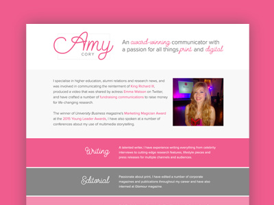 Amy Cory Website calligraphy clean grey handwritten one page pink script typography website white