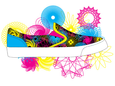 Inkkas Shoes Concept blue cmyk pattern pink repeating retro shoe design shoes spirograph surface design yellow