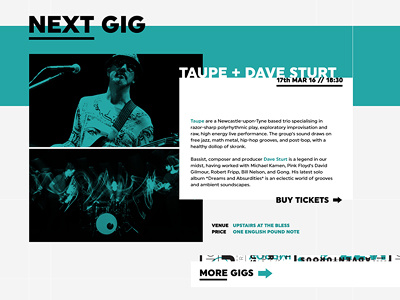 Out Front! Gig Listing flat modern monotone overlay pattern repeating typography web design website