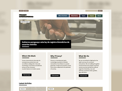 Privacy International Refresh brown cream hero homepage muted colours source sans typography web design website website design
