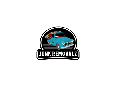 Junk Removalz blue car cartoon drawing illustration junk logo old removal sofa truck vintage