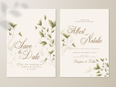 Double sided wedding invitation template with leaf theme invitation save the date watercolor wedding wedding invitation