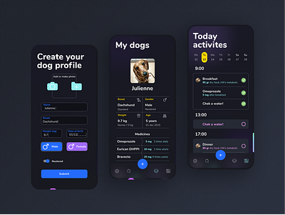 Reminder for dogs owners app dark theme design mobile app mobile app design mobile ui ui