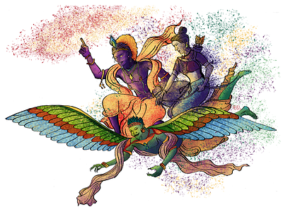 Krishna, satyabhama and garuda atmarasa illustration illustrator indianart karthikshetty