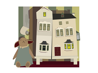 Rabbit toy and dollhouse childhood digital art illustraion toy