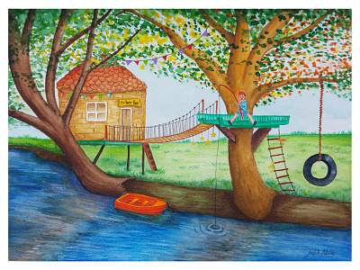 My Happy Place boat children book fishing garden river tree watercolour