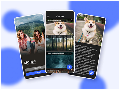 Storee - a place to share your real life stories. android app app app design blue experience figma figmadesign illustration lets not meet life style lifestyle real life script social story storytelling text ui ux