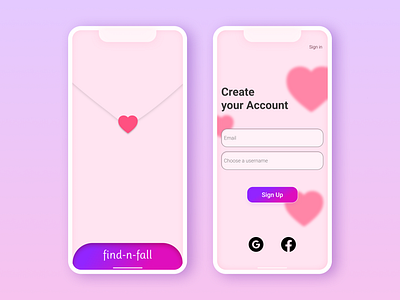 Find n Fall - Dating app sign-up page 💕