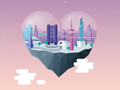 Futuristic City Dribbble bubble buildings clouds dome floating city futuristic heart magnetic space stars technology train