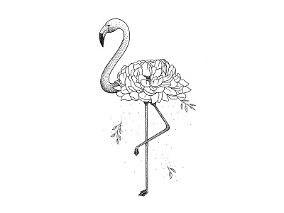 Flamingo black and white dotwork flamingo floral peony pointilism stipple art