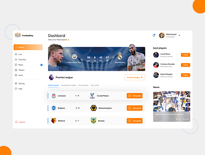 Sports News Dashboard Design dashbord figma ui uidashbord uidesign uiplayer uisport uiux userinterface
