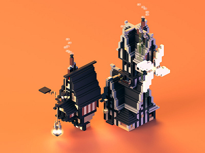 Steampunk Houses 3d chimney cinema 4d cubes game light minecraft pixel steampunk wood