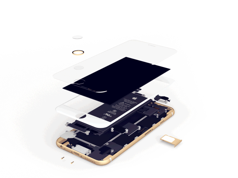 Exploding 6S 3d 6s apple button device electronics exploded view gold inside iphone smartphone touch id