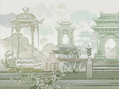 Secret Place architecture art asian china cloud decor design graphic illustration interior japanese panel sakura wall art wall panel wallpaper